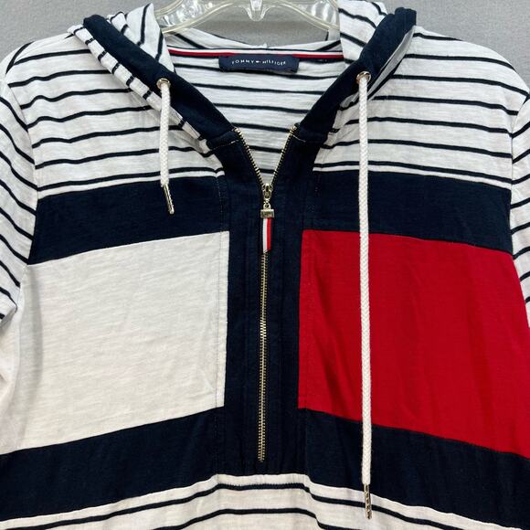Tommy Hilfiger Women's Half Zip Long Sleeve Hoodie White Blue Stripes Preppy Y2K - Picture 3 of 10
